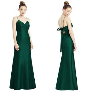 Alfred Sung Open-Back Bow Tie Satin Trumpet Gown Hunter #D780, Size 0 New w/Tag